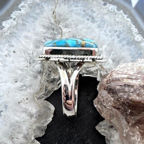 Sterling Silver Southwestern Style Blue Copper Turquoise Bar Ring Sz 8 For Women - Picture 6 of 10